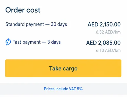 Carrier app: order cost with standard payment in 30 days or fast payment in 3 days