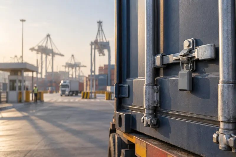 Electronic seal on the door lock of a container at a port gate