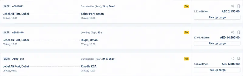 Load board: three loads from Jebel Ali with body type, dates, rate per kilometre and a fixed price