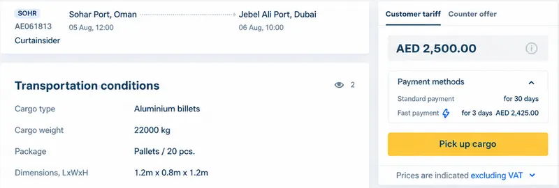 Order card for a Sohar to Jebel Ali load with transportation conditions and two payment methods: standard for 30 days or fast payment in 3 days